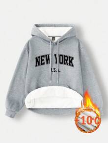 SHEIN EZwear 女款休閒極簡字母印花淺灰色寬鬆厚款連帽口袋衛衣，適合秋冬穿著 - 淺灰色 - 查看 1