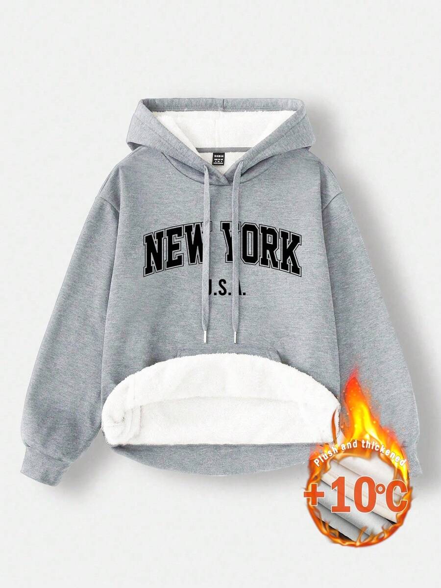 SHEIN EZwear 女款休閒極簡字母印花淺灰色寬鬆厚款連帽口袋衛衣,適合秋冬穿著 - 淺灰色 - 查看 1