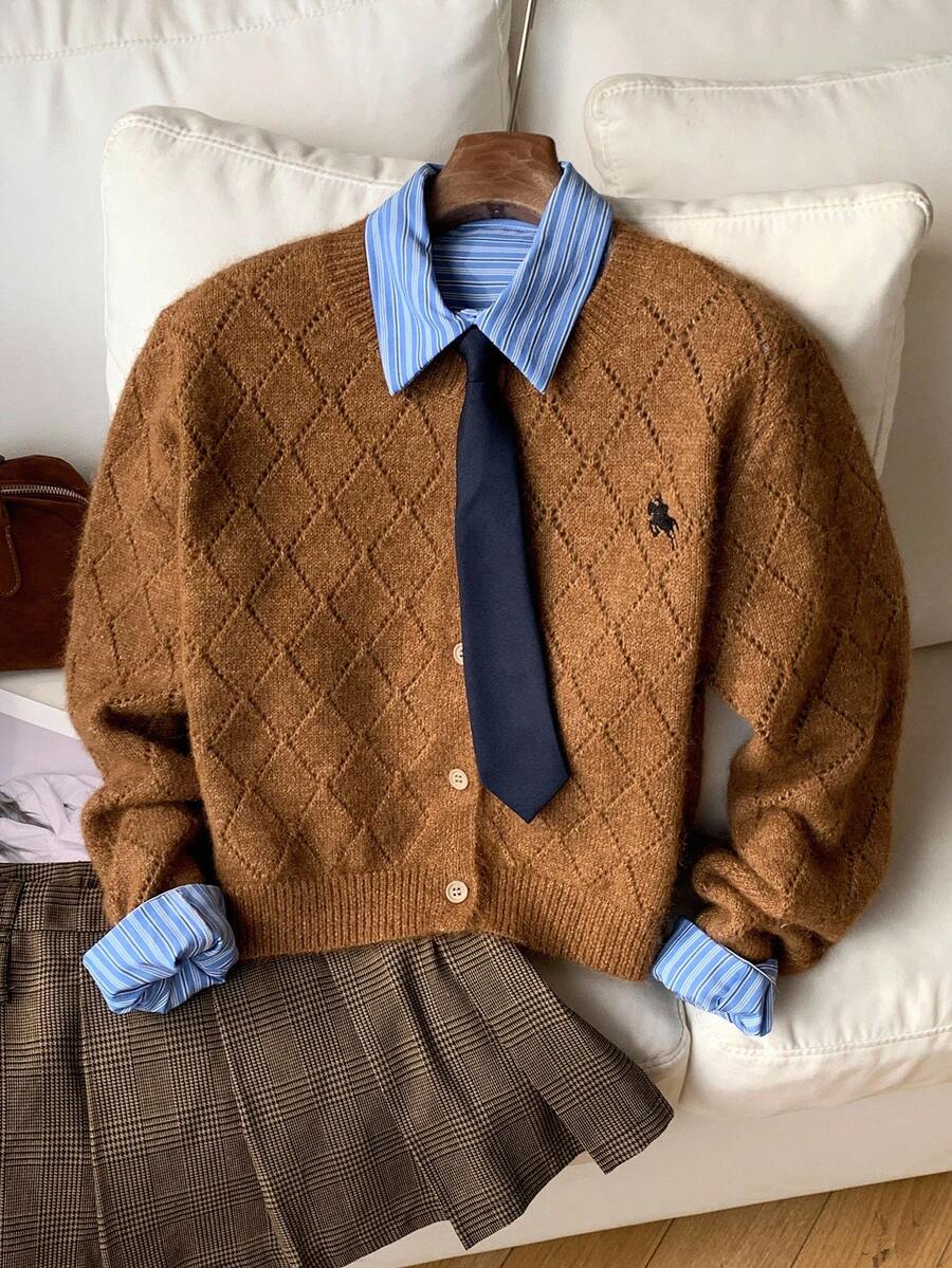 Comfortcana 2025新款极简主义秋冬女式休闲刺绣细节时尚开衫，秋冬乡村风女式外出棕色毛衣 - 綠色 - 查看 1