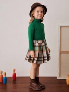 PrepCrw Young Girls' School Style Collared Long Sleeve T-Shirt And Plaid Skirt Set - Multicolor - View 3