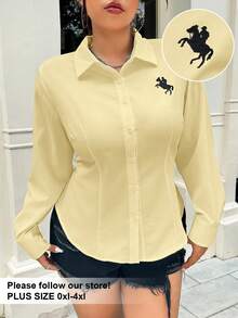 SHEIN EZwear 大码女式休闲百搭收腰长袖衬衫 - 黃色 - 查看 1
