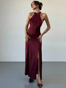 Aloruh 女士时尚优雅露肩开衩露背连衣裙 - 中紫紅色 - 查看 10