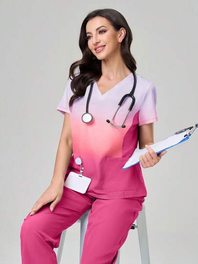 TaskEZ Conjunto de uniforme de scrubs con top de manga corta en degradado y pantalones de unicolor
