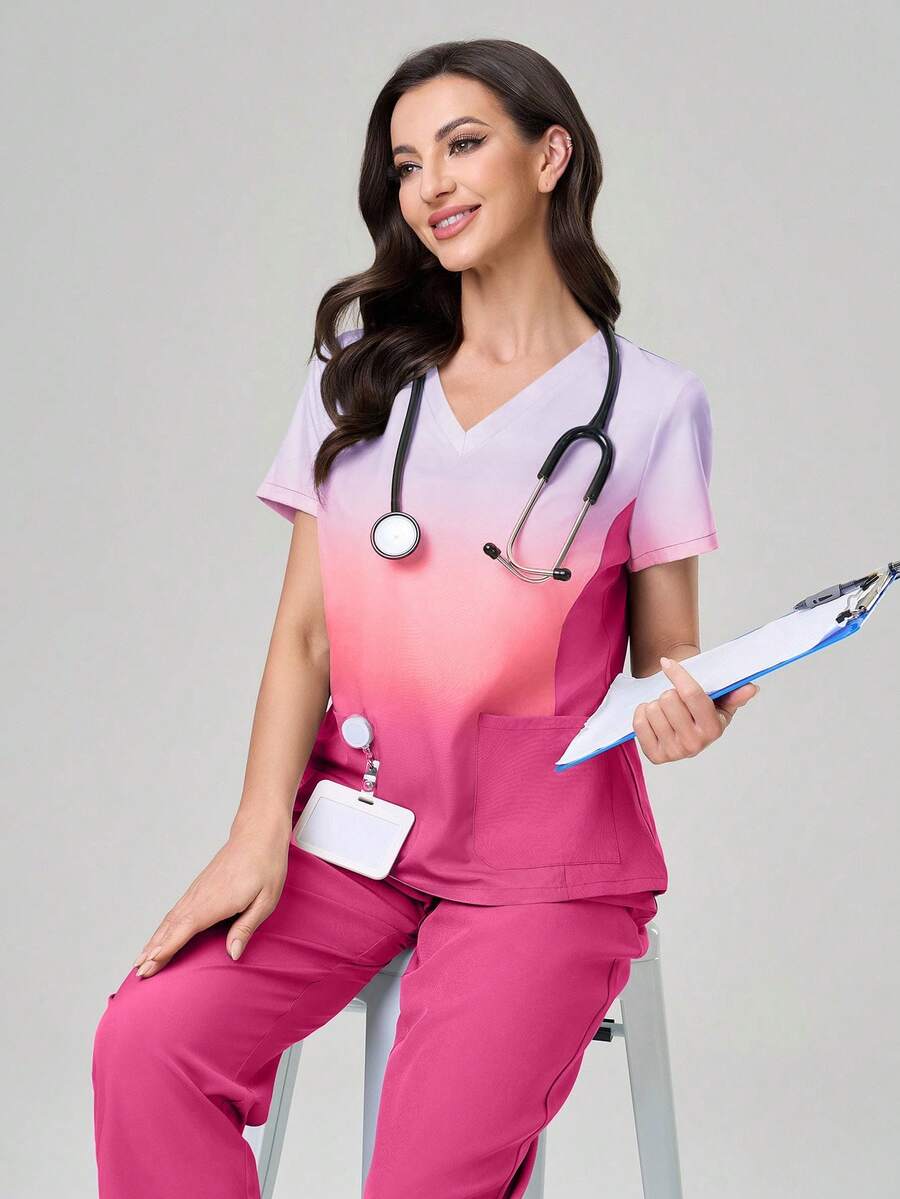 TaskEZ Conjunto de uniforme de scrubs con top de manga corta en degradado y pantalones de unicolor - Rosa - Ver 1