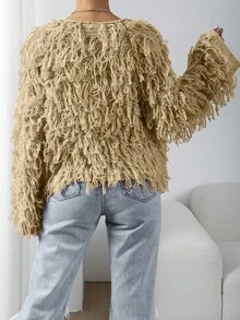 EMERY ROSE Women's Casual Solid Color Fringe Long Sleeve Cardigan - Beige - View 2