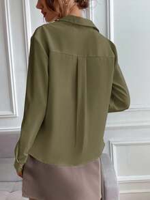 EMERY ROSE Plain Front Button Pocket Casual Long Sleeve Shirt - Army Green - View 2