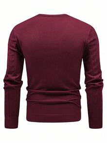 Manfinity Homme 男士休闲纯色绞花针织圆领毛衣，秋冬季长袖上衣 - 酒紅色 - 查看 2