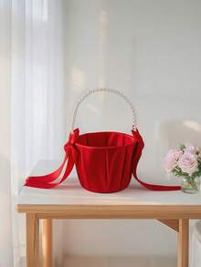 SHEIN 1PC Red Bow Faux Pearl Satin Flower Basket For Wedding Party Decoration New Year Gift Home Decor Bridal Bouquet Centerpiece - Red - View 5