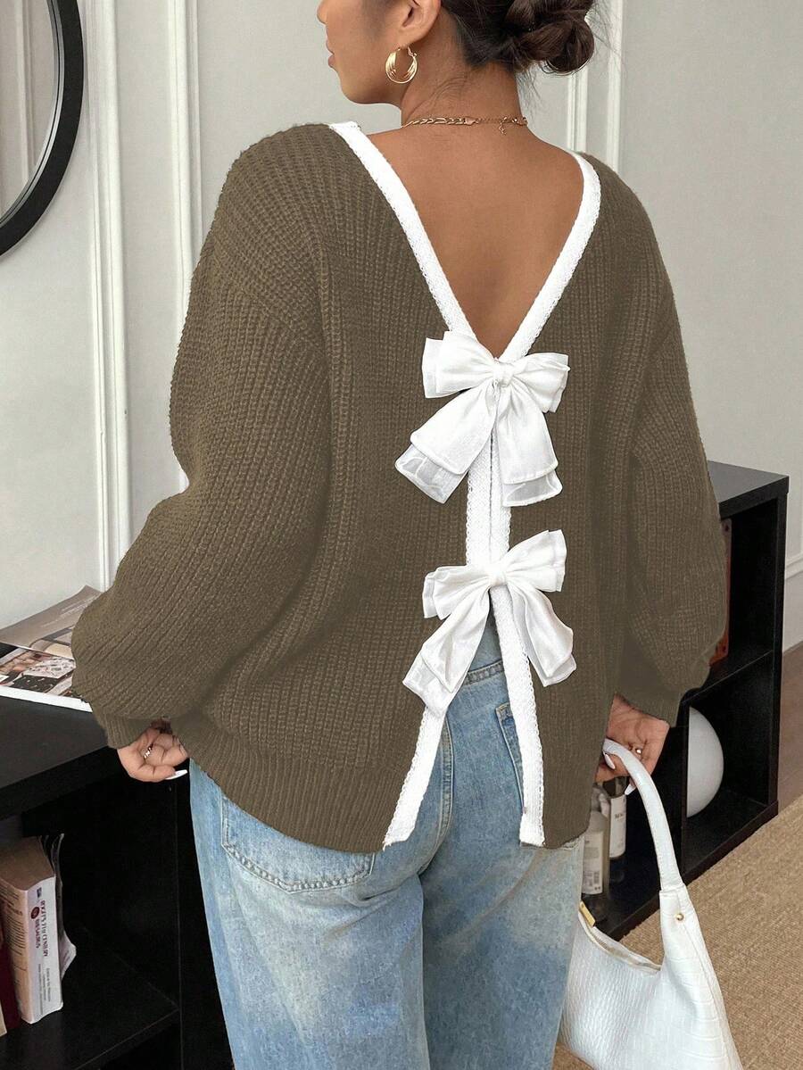 Elenzga Suéter informal de cuello redondo con lazo para mujer de talla grande, otoño/invierno