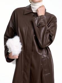 Aalyst Women's Dark Brown Leather Jacket,Chic Autumn Long Over Knee Coat,Shirt Collar,Front Button Closure,Waist Slit,Side Pockets,Office Commute Vintage - Brown - View 6