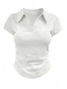INAWLY Women's Casual Solid Color Polo Collar Short Sleeve T-Shirt, Summer - Navy Blue - View 4