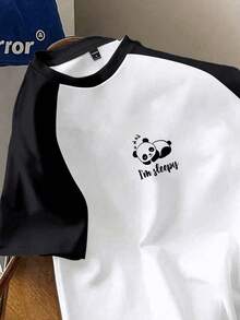 SHEIN Essnce T-shirt ajusté à col ras-du-cou, manches courtes, imprimé panda mignon et minimaliste casual pour femmes, légèrement transparent pour l'été - Noir et Blanc - Voir 5