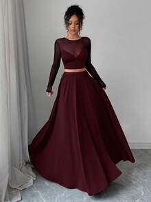 Chiquease 2 件女式网眼拼布 T 恤和长裙套装，极简性感装扮，适合度假、情人节、音乐节、返校、日常穿着、春夏季，长袖 - 酒紅色 - 查看 7