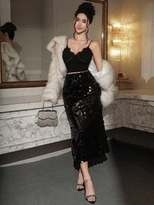 DAZY 女士亮片装饰韩式派对/生日迷你裙 - 黑色 - 查看 4