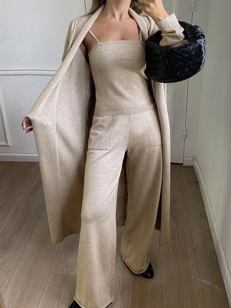 Women's Solid Color Elegant Cardigan & Camisole With Long Pants 2 Pieces Knit Set, Autumn