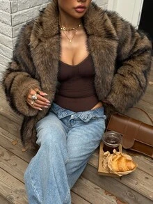 DAZY Women's Faux Fur Collar Long Sleeve Jacket, Autumn/Winter Women Coats - Coffee Brown - View 6