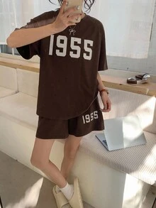 DAZY 2 件套女士印花宽松休闲短袖睡衣套装 - 棕色 - 查看 8