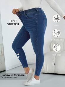 SHEIN CURVE+ Jeans skinny a vita alta blu scuro, a doppio petto, elasticizzati, adatti per l'autunno e l'inverno, per tutti i look da donna, costumi di Ognissanti, stile country per donna, chic autunnale