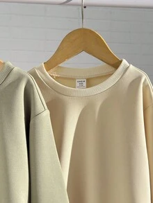 SHEIN Playful Pals 3件套男女通用百搭休闲长袖圆领套头卫衣，婴儿卫衣，宽松百搭，男女宝宝秋冬卫衣，男宝宝套头衫，男宝宝套头衫，中性色婴儿服装，男女宝宝纯色卫衣，婴儿圆领卫衣，婴儿秋季卫衣 - 白色 - 查看 4