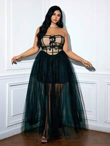 Viva Relle Plus Size Women's Tight Bodycon Dress, Sexy Contrast Color Bowknot Sheer Fitted Black Solid Color Dress, Suitable For Party/Wedding/Nightclub