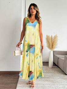 Celure Plus Size Vintage Tie-Dye Print Pleated Sleeveless Dress