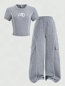 SHEIN Explorewe 2pcs/Set Tween Girls' Casual Patchwork Printed Short Sleeve T-Shirt And Cargo Pants Suit,Grey Summer Cow Boy Daily Commute Leisure Vacation Street - Grey - View 3