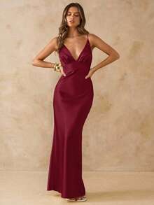 SHEIN BAE Sleeveless V-Neck Backless Satin Dress, Yellow, Suitable For Vacation, Party, Birthday, Brunch, Wedding Guest, Bridesmaid, Elegant - Burgundy - View 6
