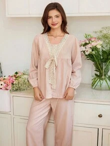 Snug Reverie Contrast Trim Collar Tie Bow Decor Long Sleeve & Pants Women Pajama Set, Fall Clothes - Baby Pink - View 5