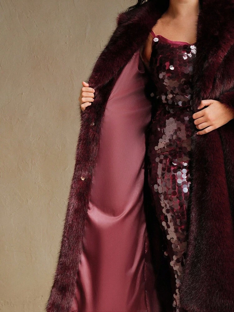 Women's Plus Size Elegant Burgundy Faux Fur Collar Loose Long Winter Coat, Suitable For Fall, Winter, New Year, Christmas, Going Out