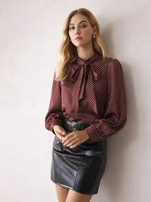 BizChic 女士棕色波尔卡圆点缎面系带长袖衬衫，都市通勤办公室商务休闲优雅正式衬衫 - 咖啡棕 - 查看 6