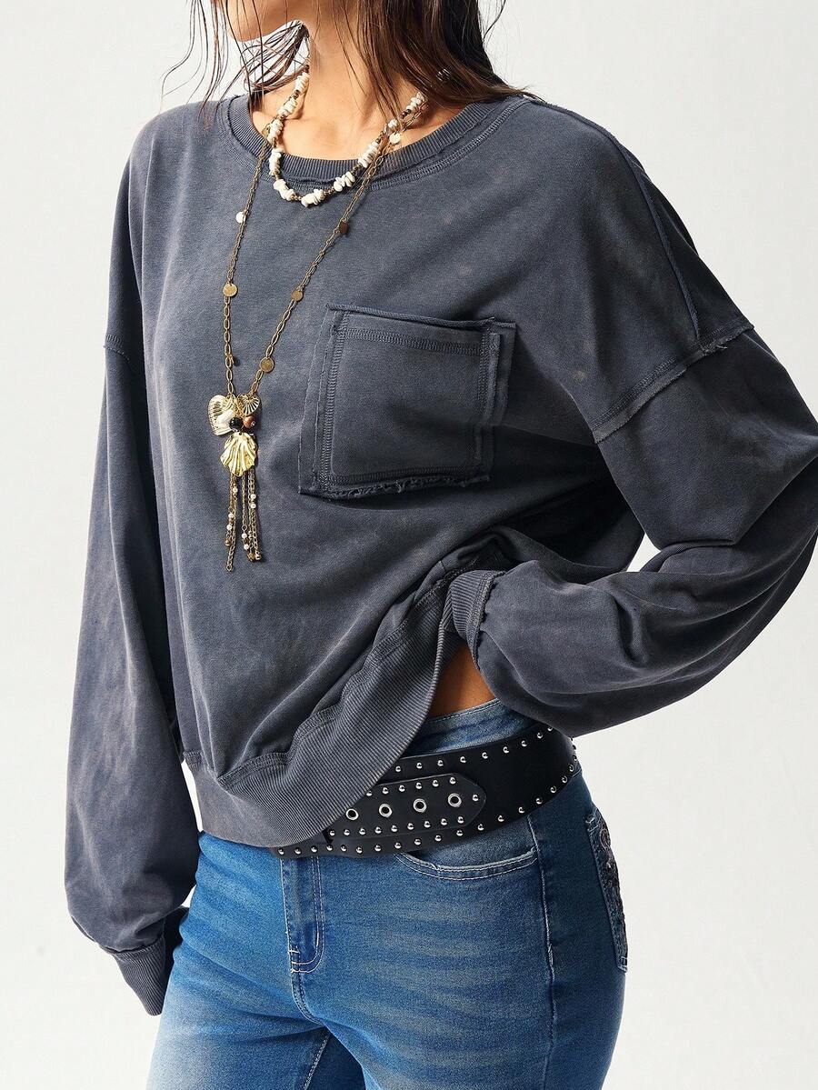 Bohemela Sweat-shirt-shirt décontracté à col rond en tricot ample, couleur unie, manches longues, lavé, pour femmes, style bohème automnal, festival de musique, Halloween