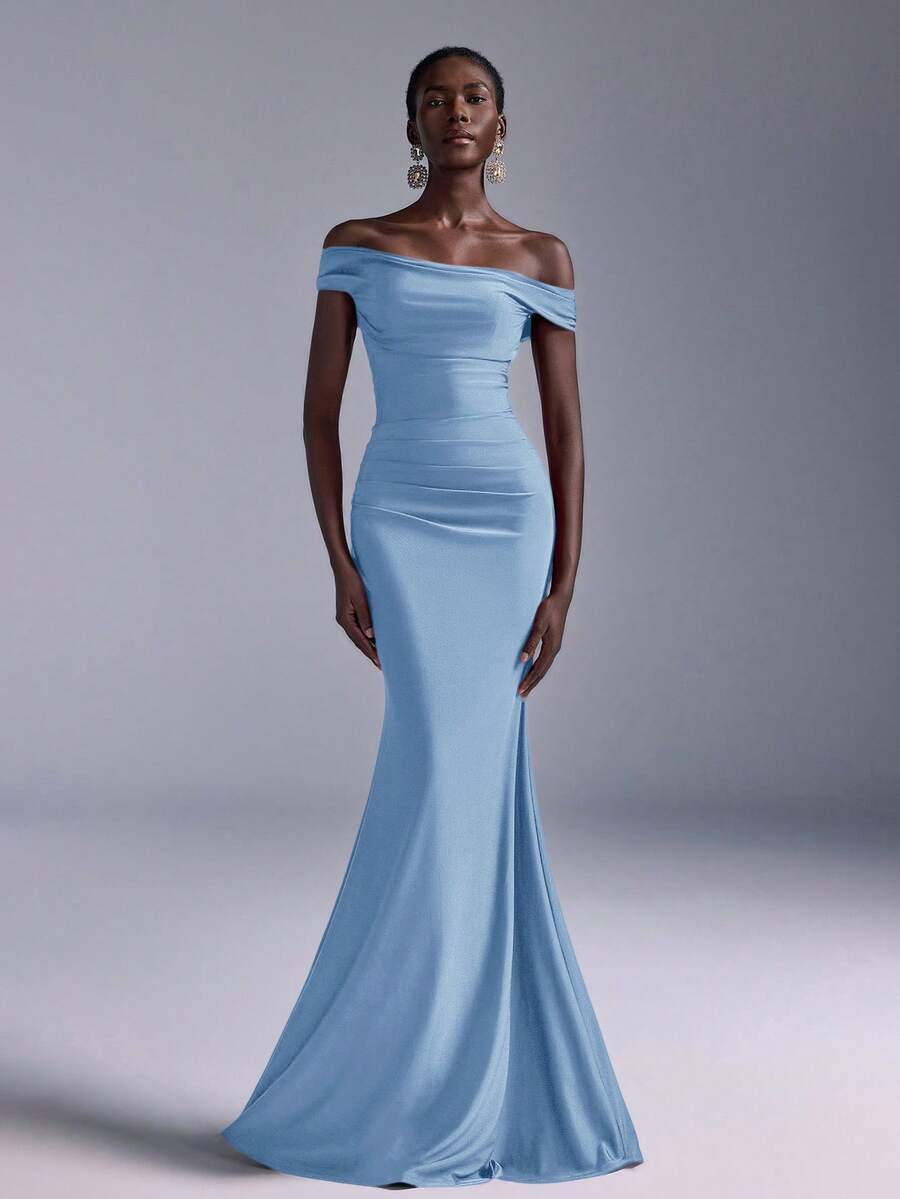 Elitara Elegant Ruched Off-Shoulder Mermaid Dress, Suitable For Weddings, Parties, Vacations, Prom, Bridesmaid (Adult) - Dusty Blue - View 1