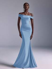 Elitara Elegant Ruched Off-Shoulder Mermaid Dress, Suitable For Weddings, Parties, Vacations, Prom, Bridesmaid (Adult) - Dusty Blue - View 8