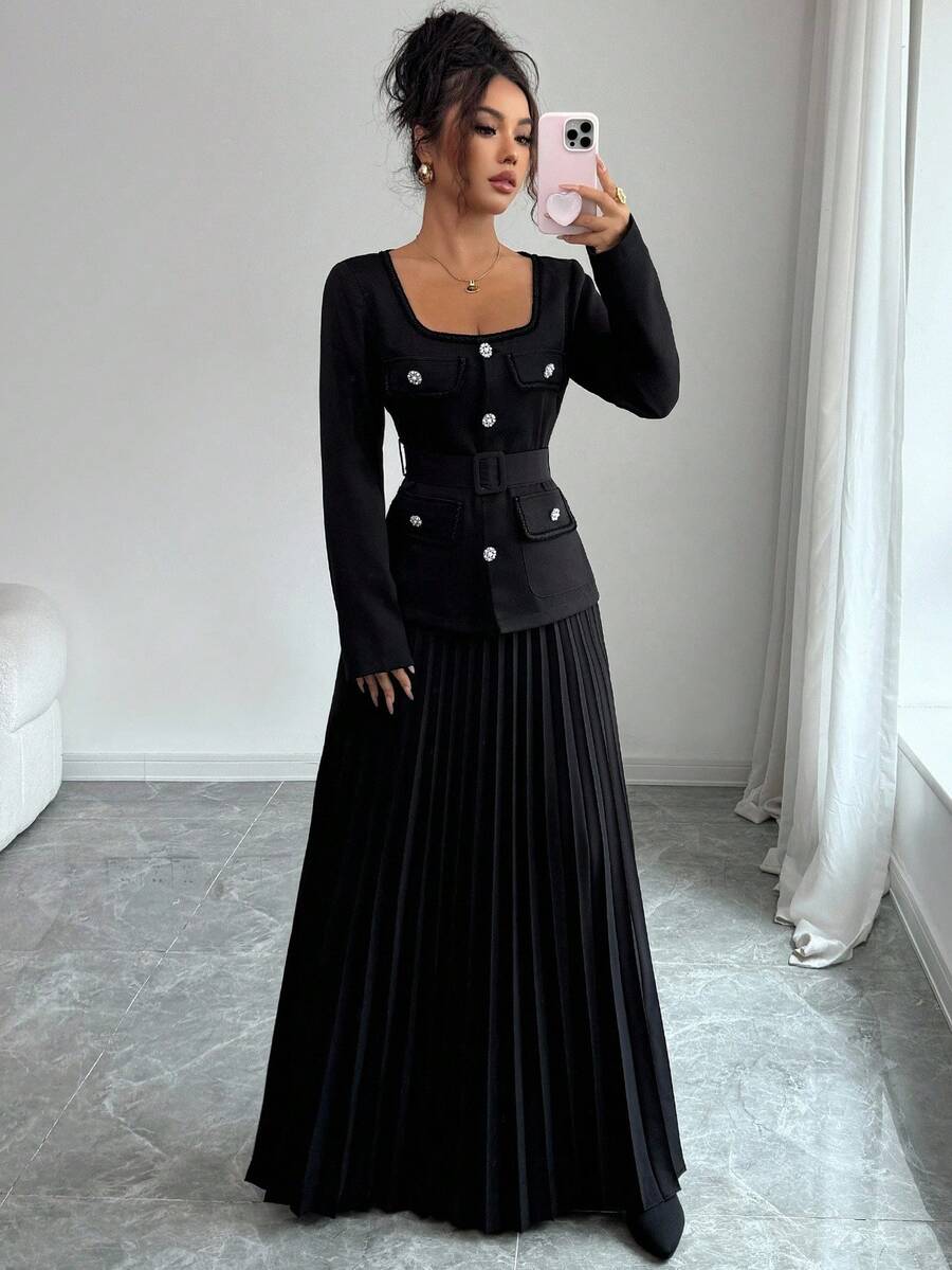Elenzga 2 件套：优雅方领单排扣长袖上衣和超长褶裙 - 黑色 - 查看 1
