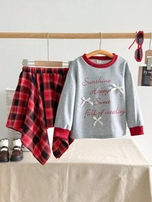 Playful Pals 2 件套年轻女孩运动衫 + 格子不对称下摆裙套装，圆领长袖套头衫，蝴蝶结和字母印花，松紧腰迷你裙，休闲装，时尚可爱，适合日常穿着，秋季新品 - 彩色 - 查看 7