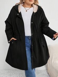 SHEIN CURVE+ 大码女装/秋季服装/秋季女装/冬季女装/冬季女装大码女式长袖前袋休闲宽松连帽抓绒冬装外套大码夹克8XL女装6XL加大码女装5XL加大码女装大码女装 - 黑色 - 查看 7