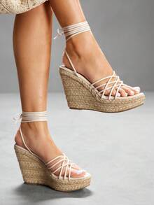 CUCCOO SZL 女士时尚杏色细带组合系带黄麻绳底坡跟凉鞋，适合通勤、约会、派对、度假和休假 - 杏色 - 查看 6