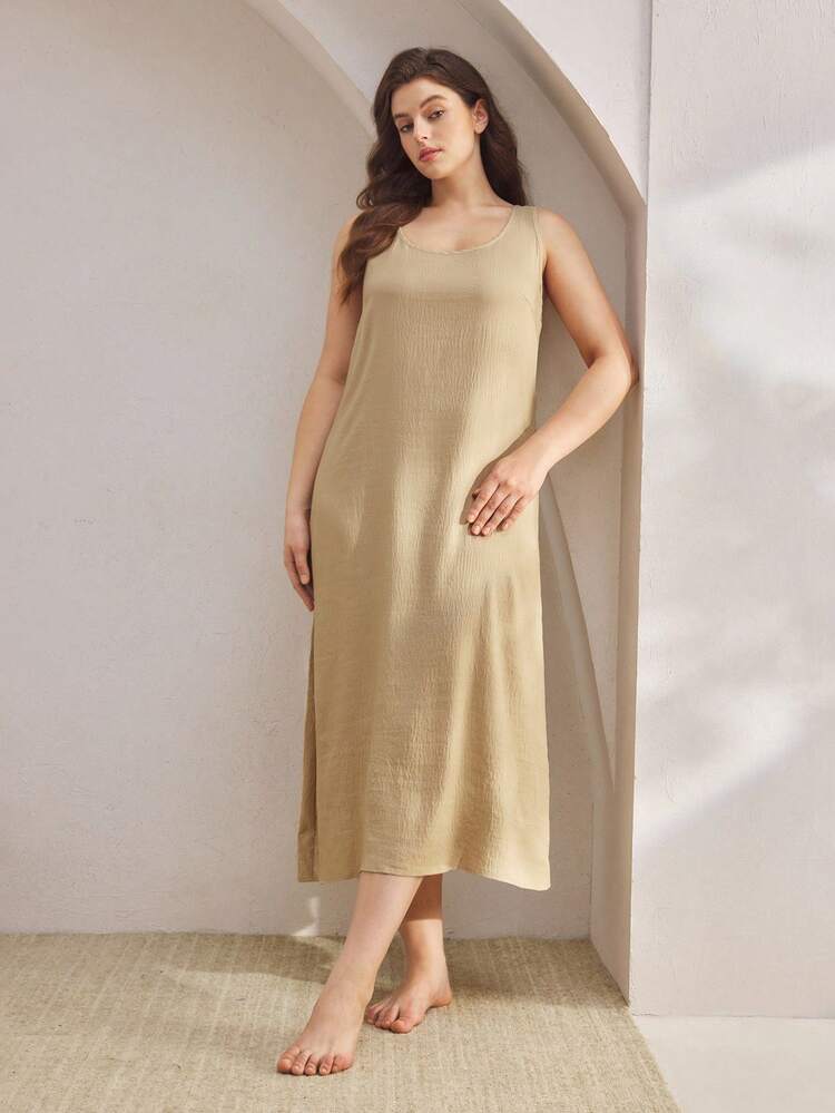 Ocili Plus Size Solid Color Round Neck Loose Sleeveless Nightgown, Summer - Khaki - View 4
