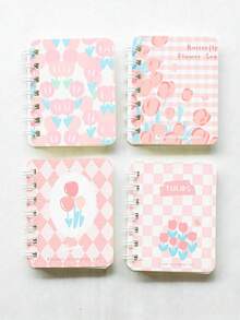 SHEIN Set de 4 cuadernos espirales con adornos florales, mini diarios de bolsillo tamaño A7, portátiles para la oficina - Multicolor - Ver 10