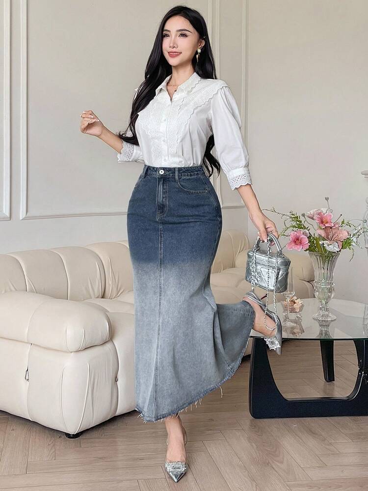 Vintage Ombre Blue Fish Tail Long Denim Skirt