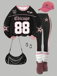 SHEIN Leap Crew 2pcs Tween Girl Casual Black Pink 88 Numeric Print Sweatshirt And Leggings Set,Back-To-School Fashion Sports Style School,Autumn Street Chic Clothes - Multicolor - View 2
