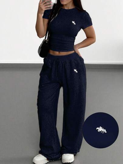 SHEIN EZwear 2 Pieces Spring/Summer Plus Size Women Casual Embroidered Logo Gray Set,Back To School