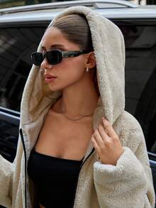 EURMUSE 女士纯色休闲泰迪优质连帽大衣 - 米色 - 查看 6