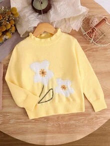 SHEIN 女童新款花卉時尚毛衣，適合外出、聚會、返校穿著 - 黃色 - 查看 7