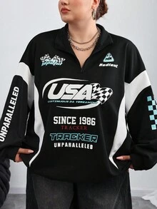 SHEIN CURVE+ 大码女式街头运动服、运动休闲、返校休闲色、秋冬彩色字母印花运动服 - 彩色 - 查看 6