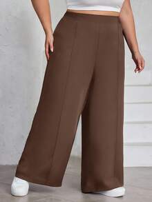 SHEIN CURVE+ 大码女式纯色褶皱裤，黑色宽松阔腿裤，曲线加大，Hoho 度假 - 棕色 - 查看 3