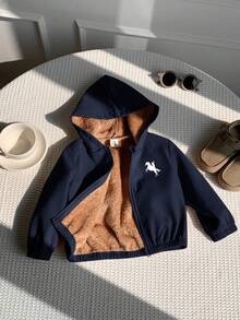 SHEIN 男女通用婴儿休闲连帽羊毛外套，卡其色，适合男婴和女婴，秋冬季 - 藏蓝色 - 查看 4