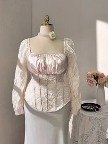 Sweetra Áo sơ mi tay dài vải jacquard chắp vá thanh lịch cỡ lớn - Màu be - Xem 3