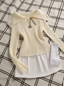 INAWLY Áo len dệt kim trơn màu thường ngày cho nữ, Thu/Đông - Màu be - Xem 1