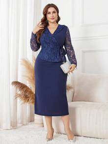 Lacomfia 大码女式不对称领口系带蝴蝶结蕾丝拼接优雅日常通勤连衣裙 - 藍色 - 查看 1